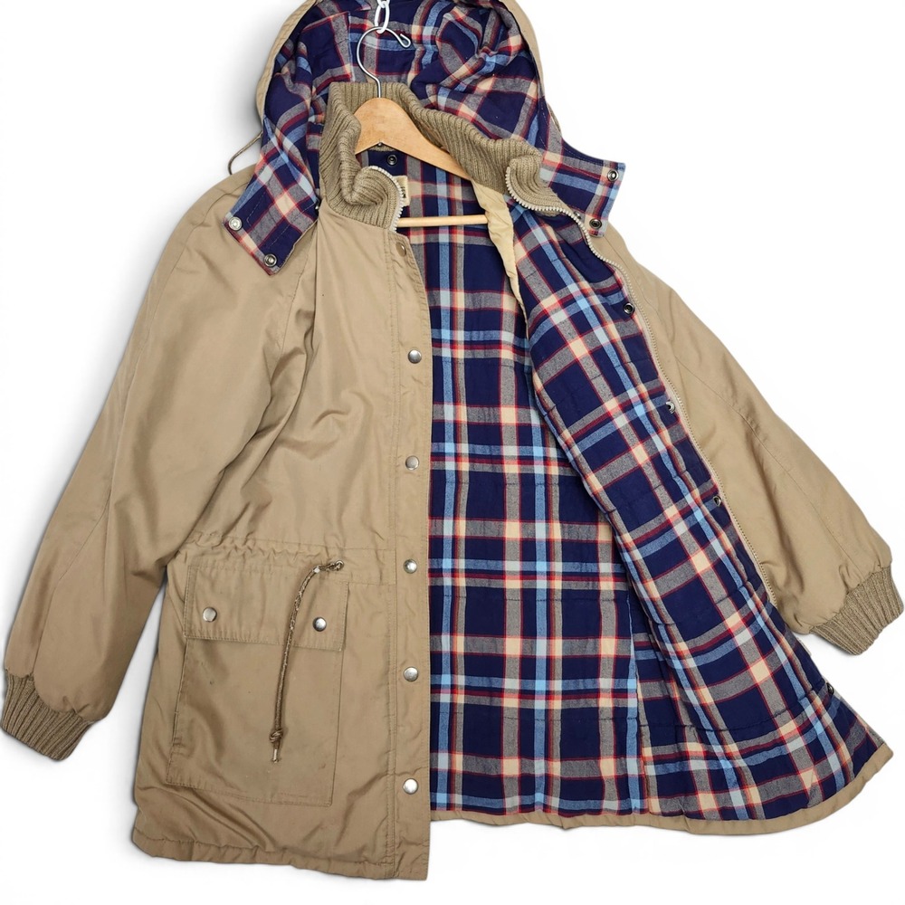 Vintage 70s 80s Tan Mountain Parka Hooded Jacket Plaid Lined Sears Utility 14 L